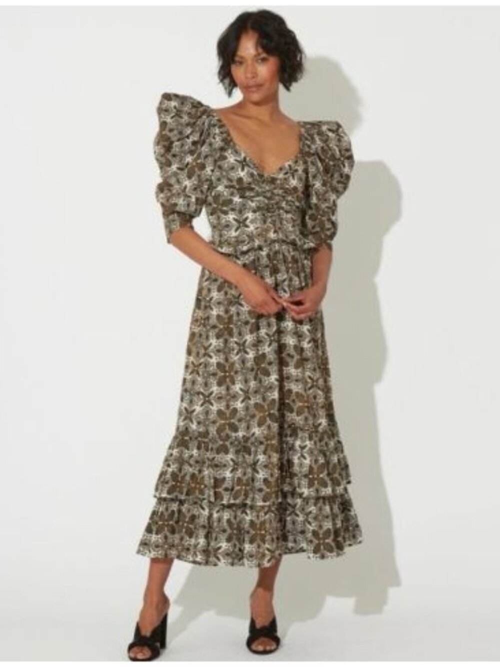 NWT Cleobella Vicenza Midi Dress Retro Tile Puff Sleeve Organic Cotton Small